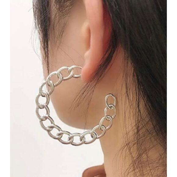 Chain link Silver Earrings Hoops - Picture 1 of 3